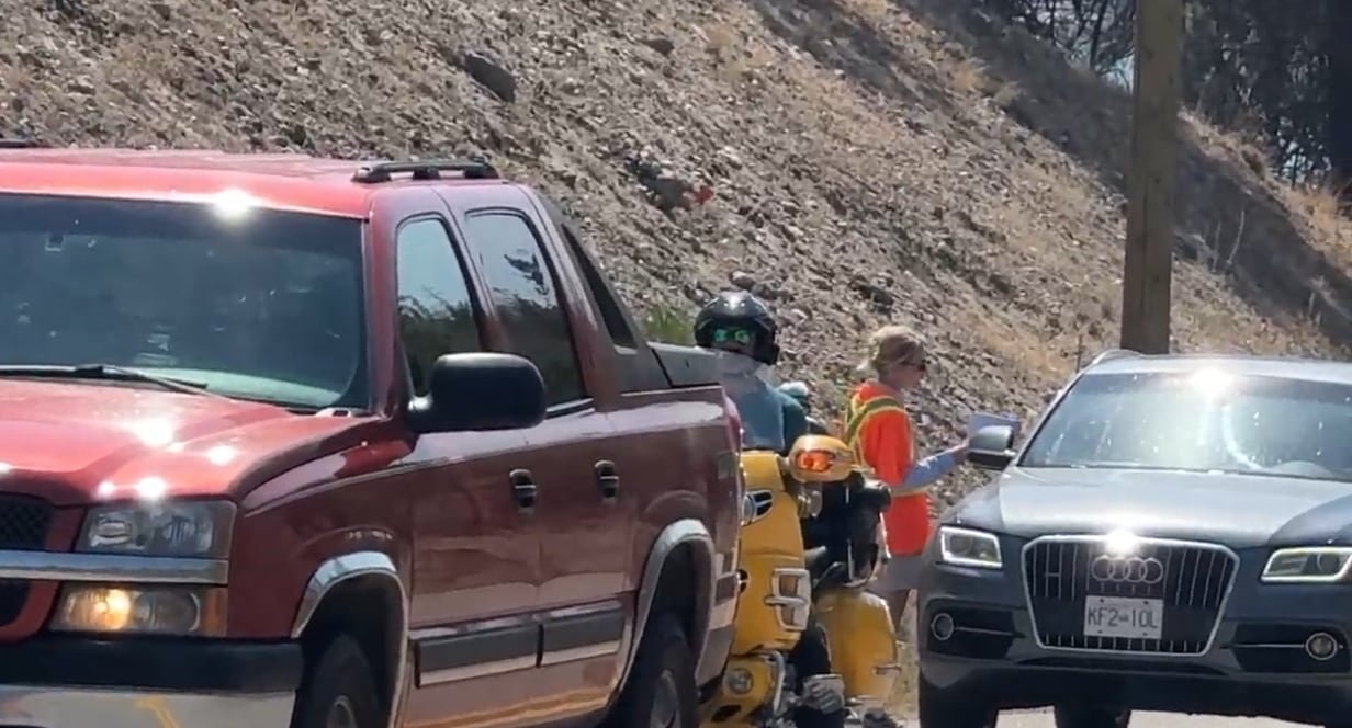 Person in high-visibility vest communicating with a driver in a car amid a line of vehicles.